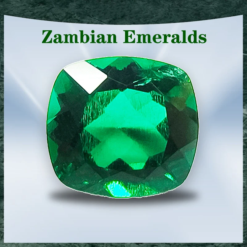 Lab Grown Zambian Emeralds Square Cushion Cut with AGL Certificate Hydrothermal Hand Cutting