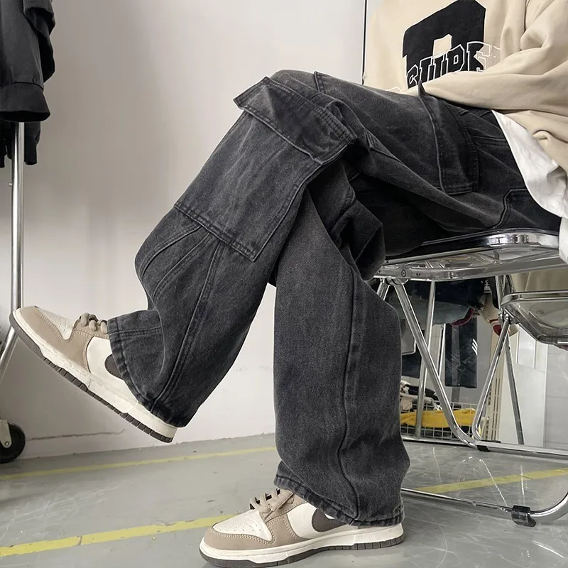 Men's Patchwork Blue Cargo Jeans Unisex Straight Casual Trousers Men Muti-pockets Hip Hop Streetwear 90s Vintage Fashion Pants 6