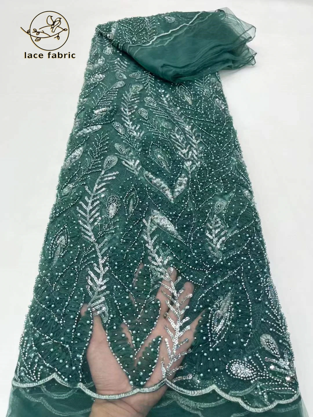 

Роскошные зеленые блестки, бусины, кружевные ткани, Высококачественная африканская Тюлевая ткань, вышивка кружевом с жемчугом для шитья свадебного платья