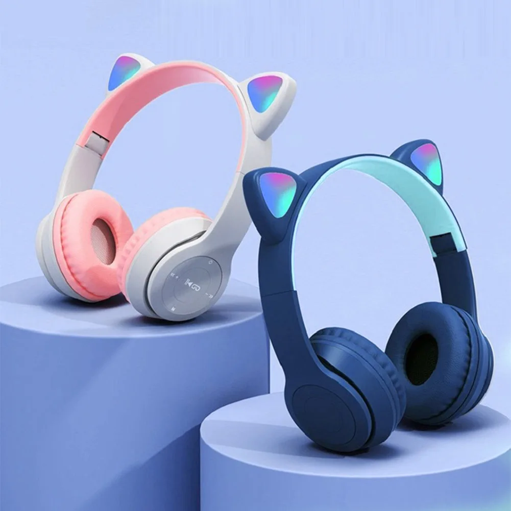 Flash Light Cute Cat Ears Wireless Headphone with Mic RGB LED Kid Girl Stereo Music Helmet Phone Bluetooth Headset PC Gamer Gift