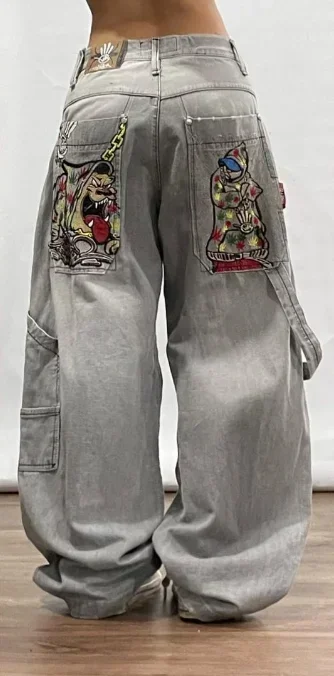 thumbnail image 1 of Pantalones vaqueros holgados negros lavados estilo hip hop Harajuku Y2K para mujer, estilo punk, gótico, estilo skate, de pierna ancha, ropa urbana unisex, 1 of 5