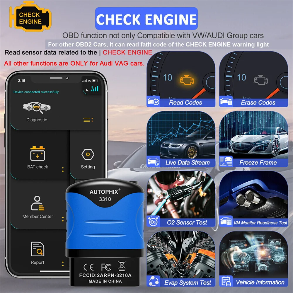 AUTOPHIX 3310 Bluetooth OBD2 Scanner for VW/Audi/Skoda/SEAT Full System OBD2 Code Reader Diagnostic Tool Battery Check 3