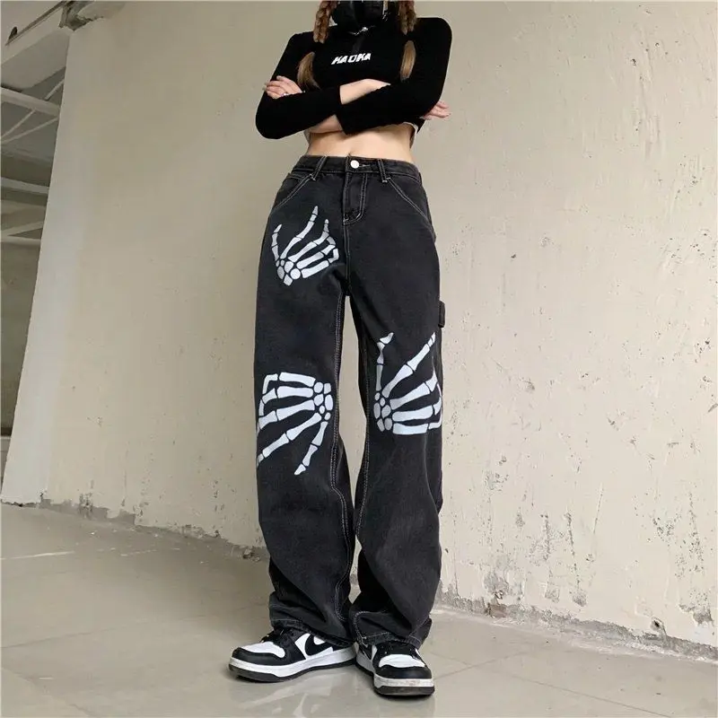 Gothic Jeans Women Harajuku Loose Wide Leg Pants Vintage Skull Bone Print Casual Straight Denim Trousers Female Streetwear Y2K high waisted jeans