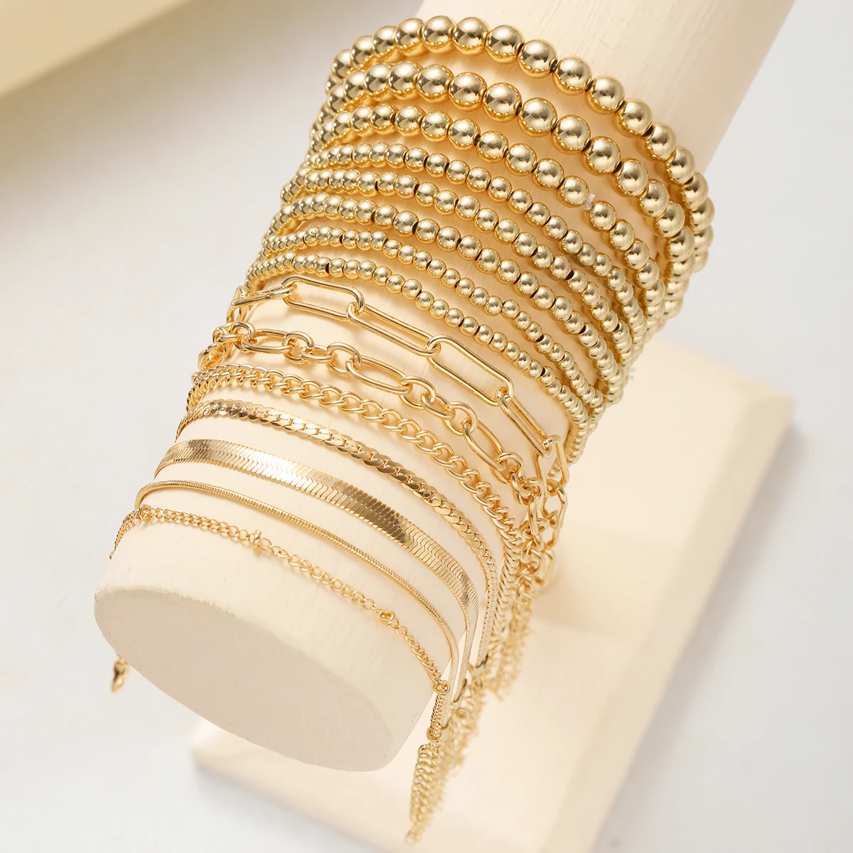 15Pcs Gold Color Bracelet Sets for Women Boho Retro Thick Twist Cuban Chain and Beads Bracelet Trendy Quality Jewelry Gifts New