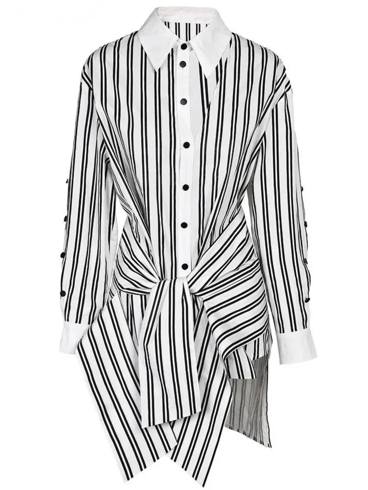 

NICEWOMEN Fashion Women's Shirt Lapel Loose Single Braested Contrast Color Sleeve Bandage Irregular Blouse Autumn 2023 New AH50