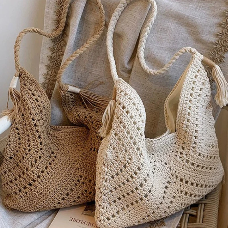 Lässige Stricktasche für Damen, Sommermode, Korbgeflecht, durchbrochenes Design, großes Fassungsvermögen, Umhängetasche für den täglichen Gebrauch_voghion.com