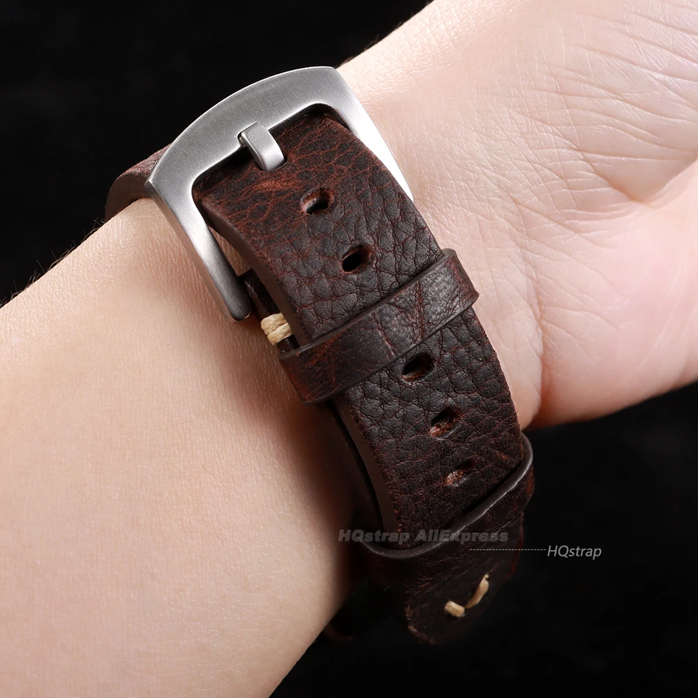 Vintage Genuine Cowhide Leather Watch Band with Handmade Stitching
