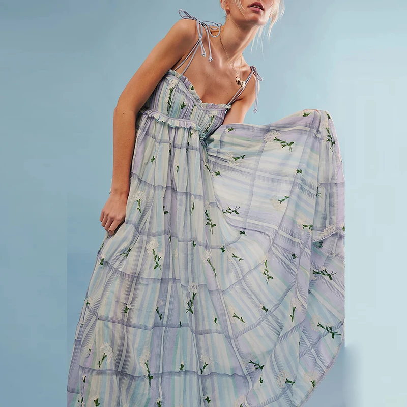 

New Summer Casual Sleeveless Holiday Dress 2024 Floral Print Women Sexy Dress Elegant Off Shoulder Hollow High Waist Party Dress