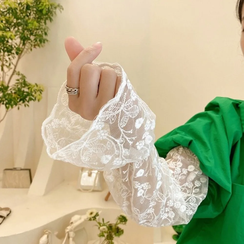 달콤한 탄성 아이스 실크 슬리브 얇은 속이 빈 자외선 차단 커버 꽃무늬 메쉬 선스크린 팔토시 여성용