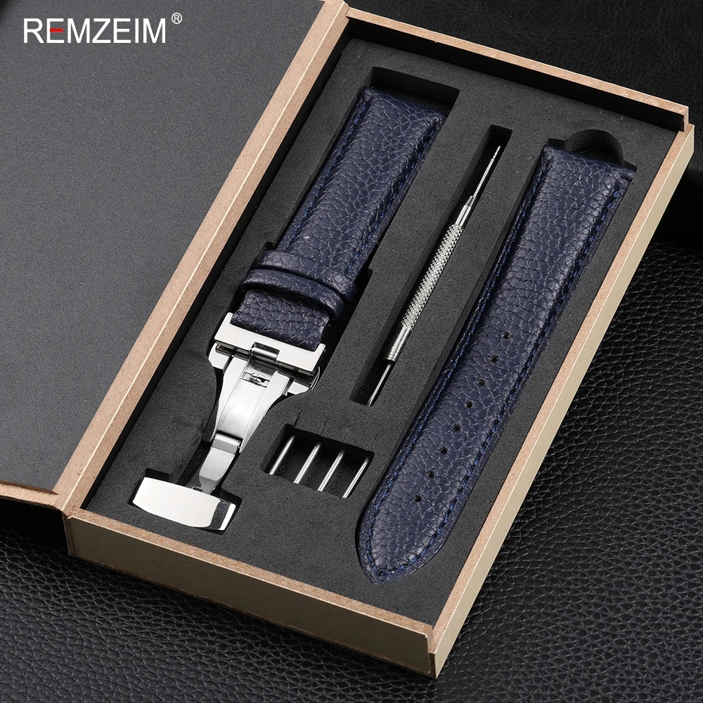 Elegant Litchi Leather Wrist Band with Butterfly Buckle & Gift Box Packaging
