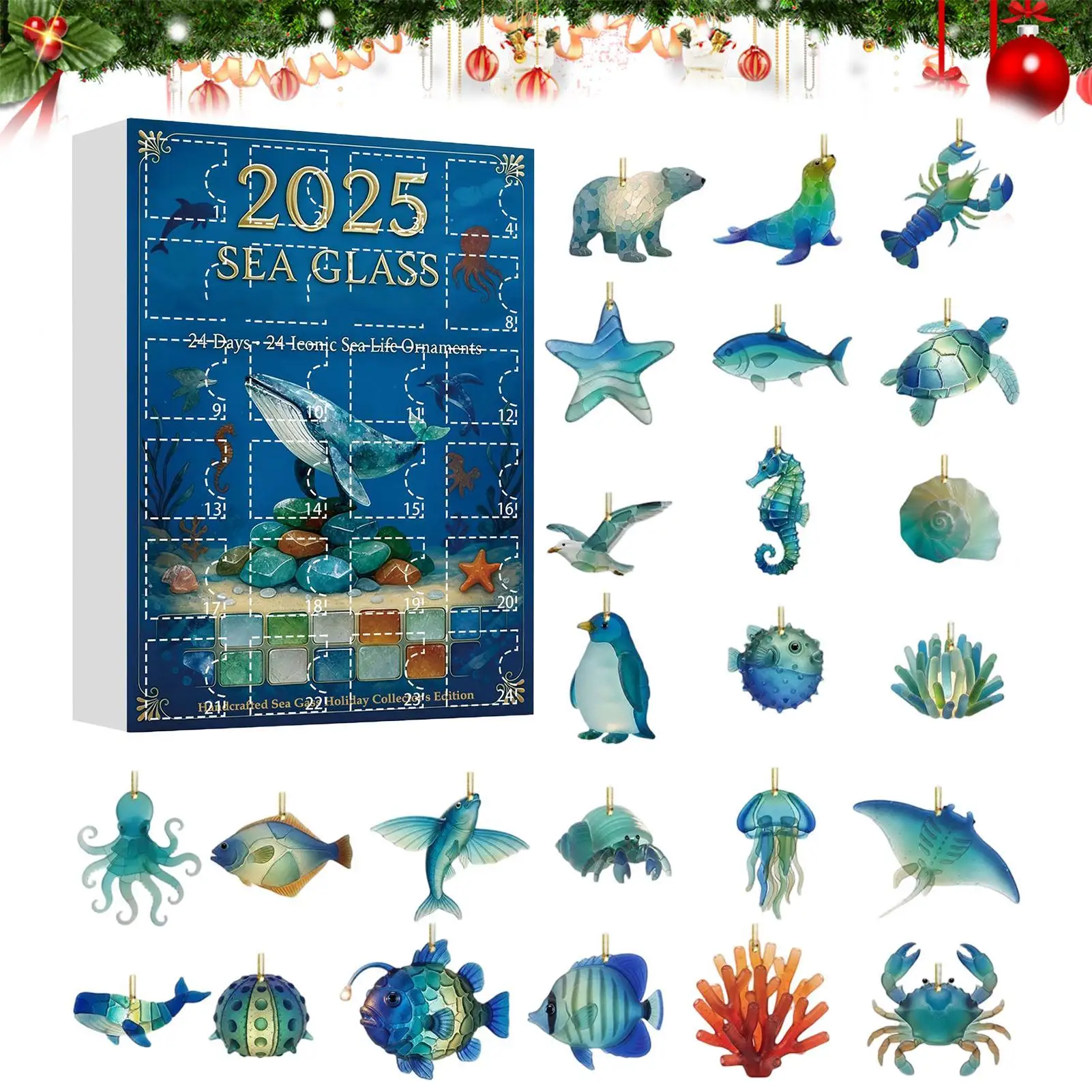 Christmas Advent Calendar 2D Acrylic Marine Life Ornament 24 Days Countdown Calendar Christmas Sea Glass Pendant for Kids Gifts