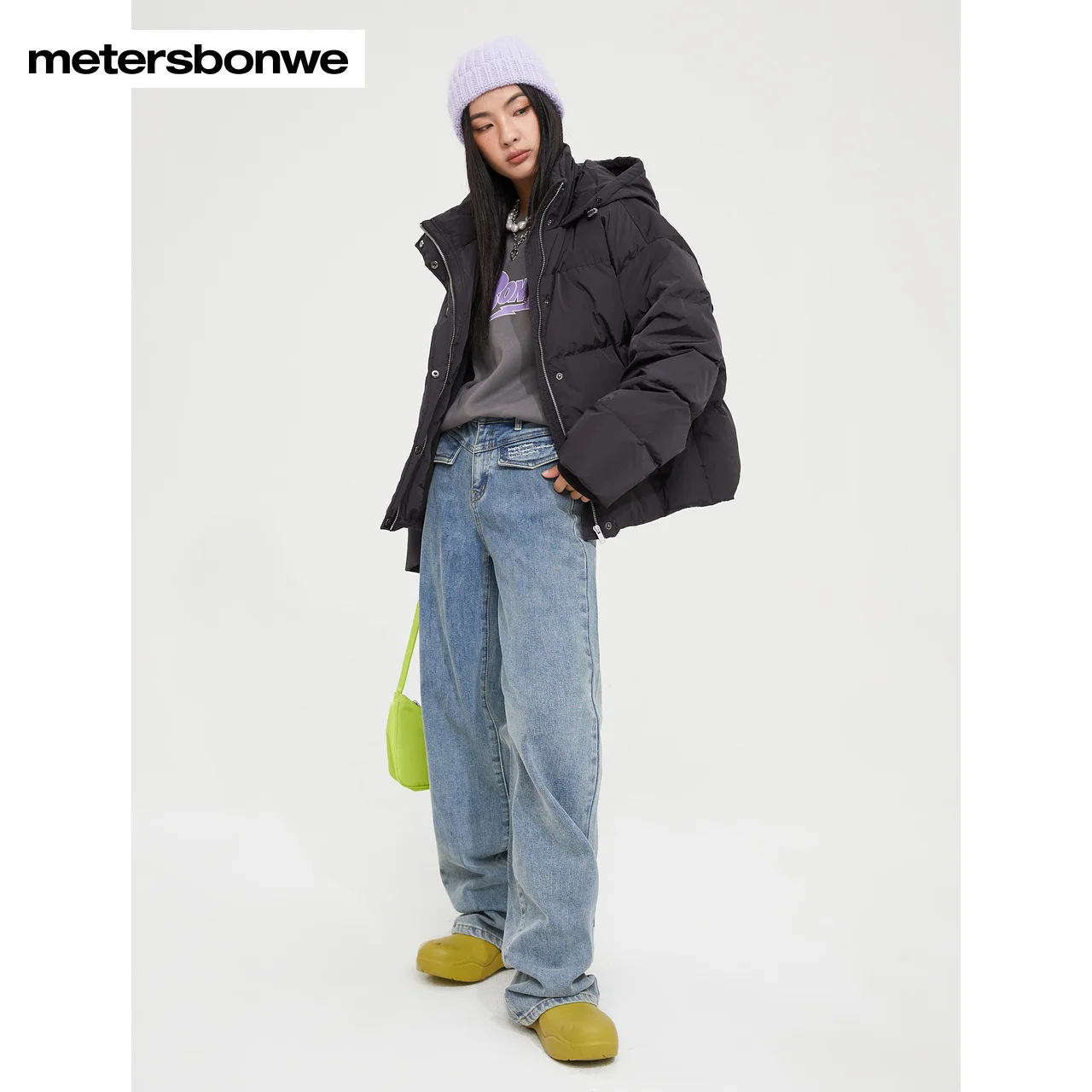 Metersbonwe Women's 22New Winter Solid Color Hooded Down Jacket 80%Eiderdown Thick Short Warm Wear Casual Loose Trend Outwear