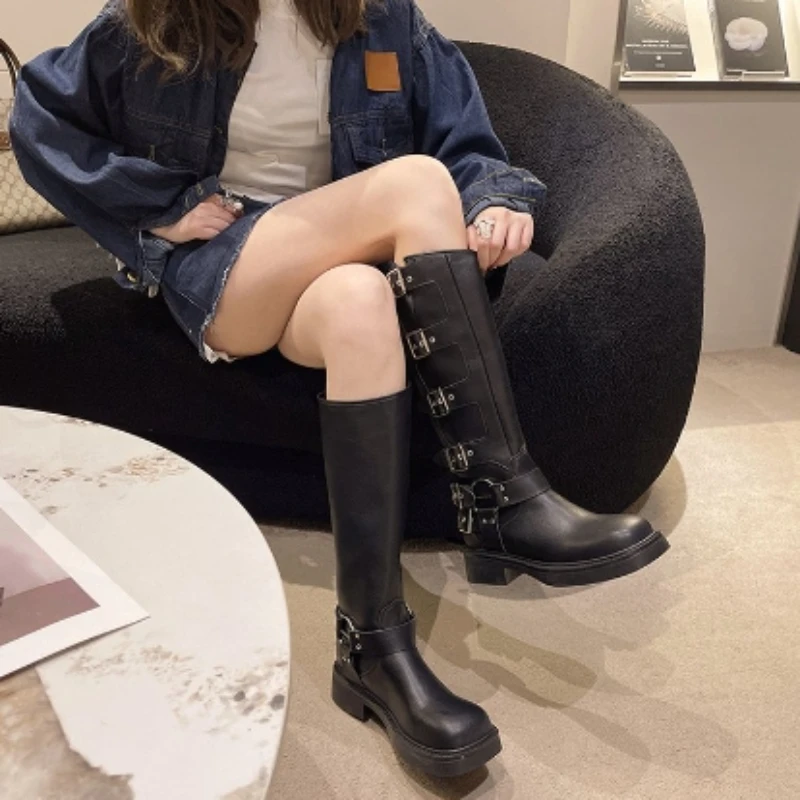

Ladies Shoes 2023 High Quality Belt Buckle Women's Boots Fashion Round Toe Knee-High Boots Hot Sale Square Heel Shoes for Women