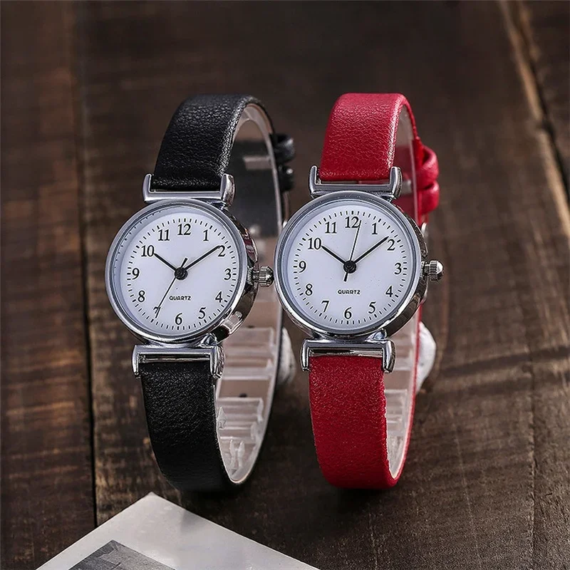 Elegant Women's Retro Quartz Watch with Black and Red Leather Strap