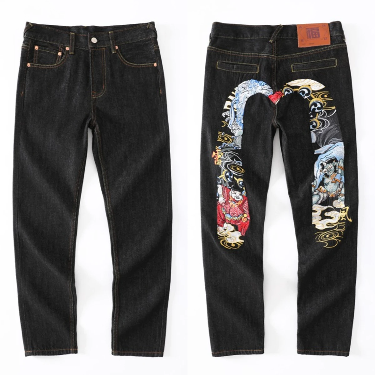 Japanese Handmade Embroidered Jeans Men's Pure Cotton Straight Tube Hip-Hop Popular Slim Red Ears Show Thin Trousers Devil Big M 3