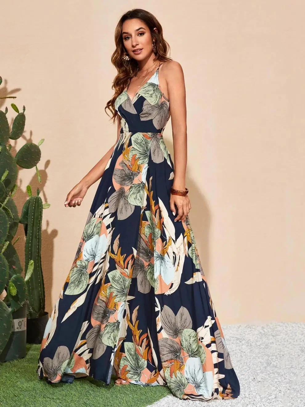 Fashion Flower Print Spaghetti Strap Dresses Women Sexy V-neck Backless Slit Long Dress Bohemian Style Vacation Beach Vestidos