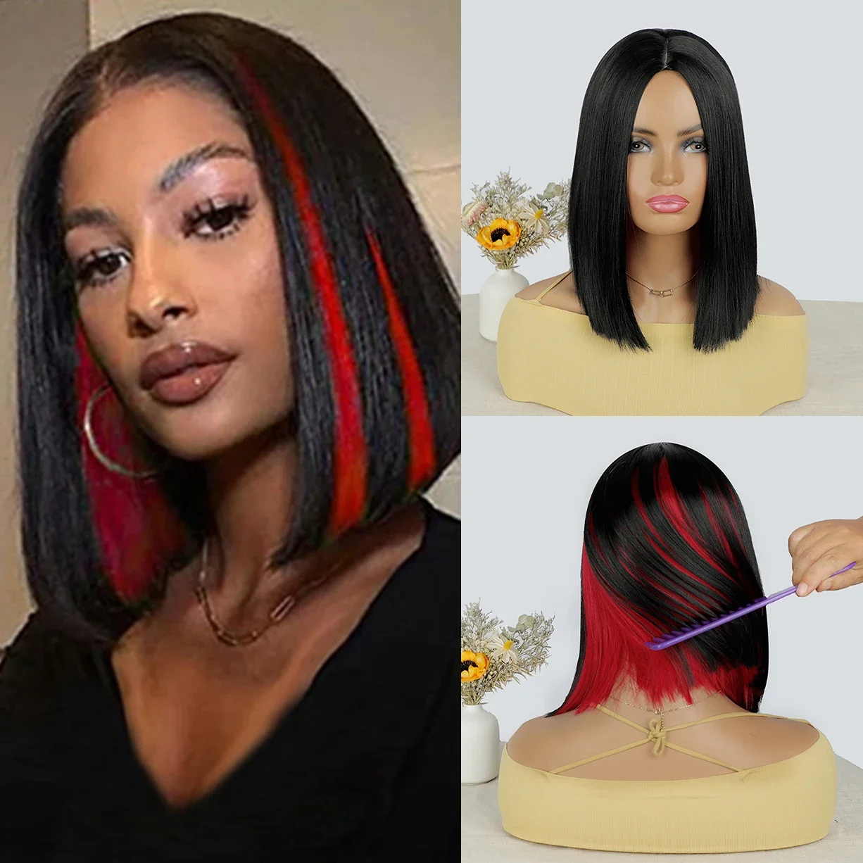 

Ombre Short Bob Wigs for Women Straight Middle Part Synthetic Wig Natural Mixed Black Red Bob Hair Heat Resistant Cosplay Wigs