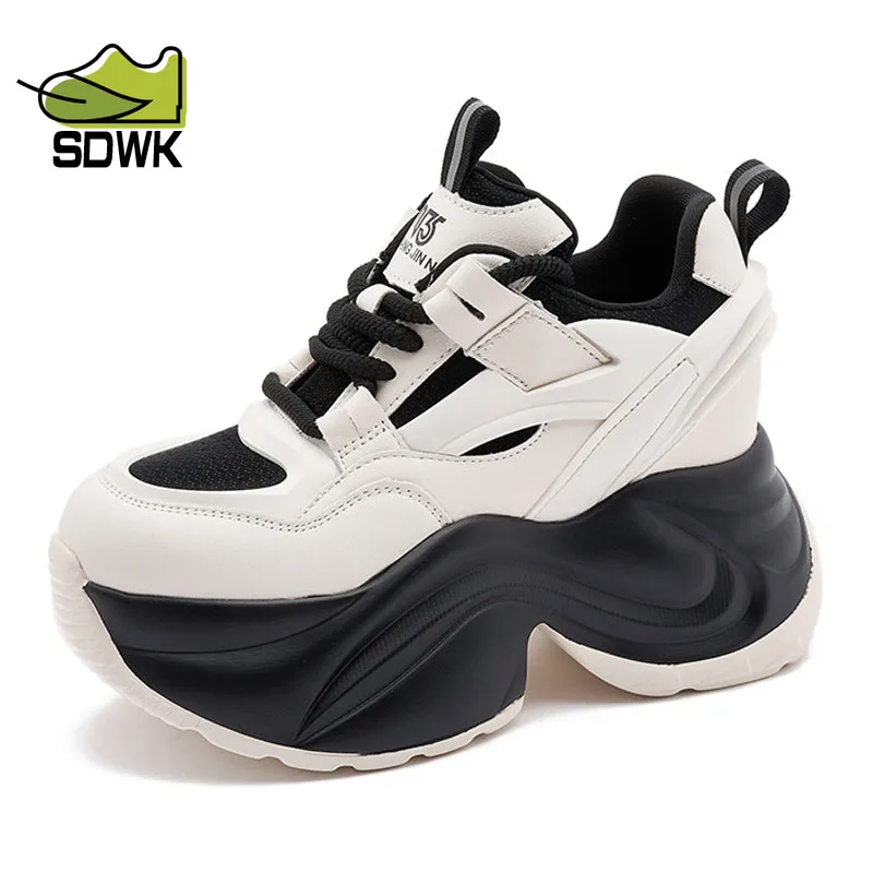 

SDWK 9cm Genuine Leather Hollow Casual Fashion Summer Ins Hot Sell Women Chunky Sneakers Platform Wedge Comfy Shoes QA047