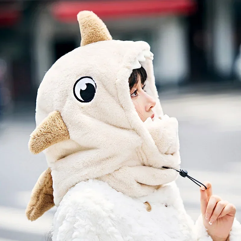 Winter Warm Ski Helmet Cover Comfortable Soft Fleece Skiing Cap Scarf Warmer Cartoon Cute Shark Mode Decorative Helmet Cover Hat 6