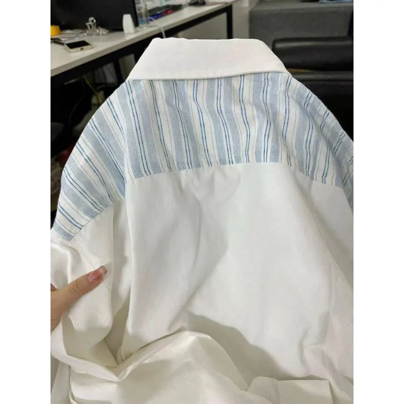 Summer Unisex Shirt Minimalist Color Contrast Lapel Embroidery Blue Stripe Loose Casual