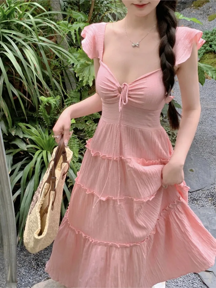 

New Summer Long Dresses for Women Off Shoulder A-line Ruched Korean Fashion Holiday Beach Style Sexy Party Dress Robe Vestido