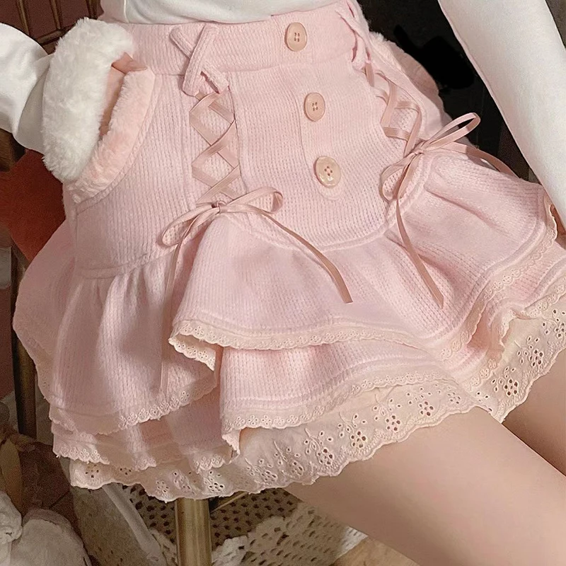 Sweet Cute Girl's Kawaii Lace Short Skirt High Waist Cross Tie Button Plush Pocket Ruffle Edge Student Summer Fashion New 2023