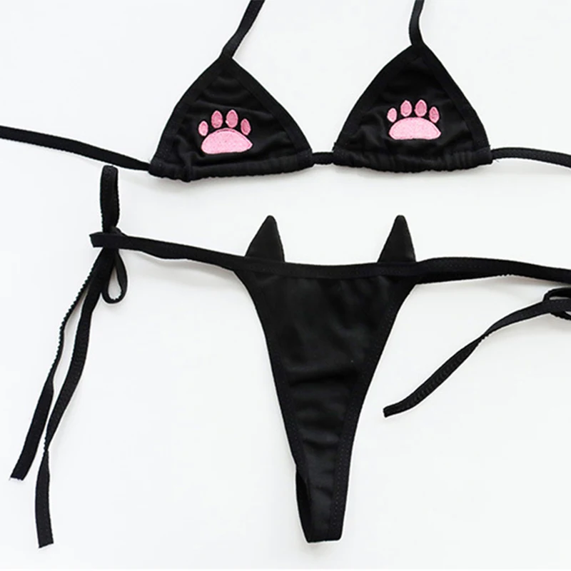 Sexy Bikini Cute Cat Paw Print Underwear Micro Bikini Set Exotic Lingerie Suit Lolita Maid Cosplay Kawaii Bra and Panty Swimwear