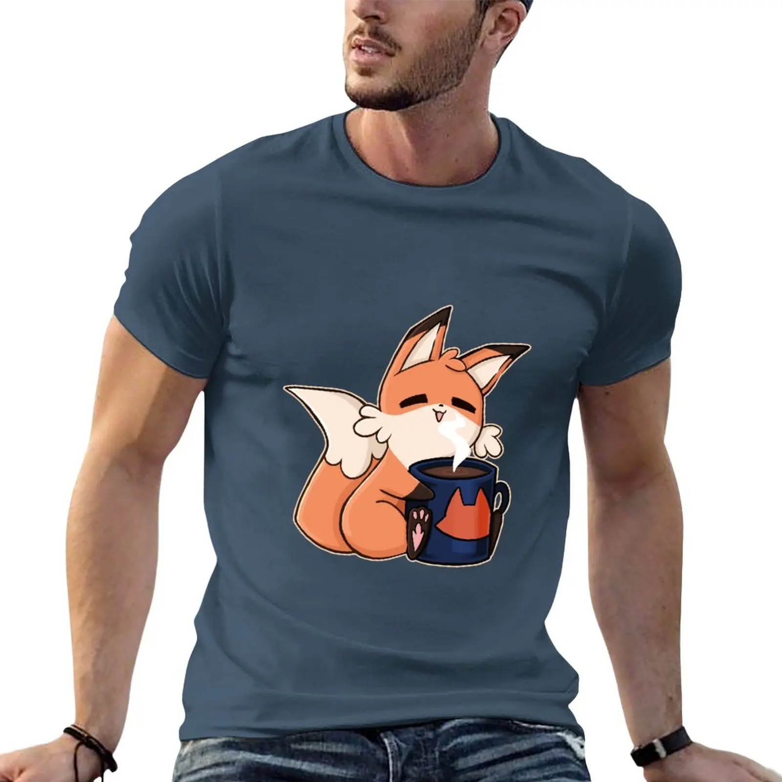 

New Cute fox with cup T-Shirt tees Short sleeve tee Anime t-shirt men clothes
