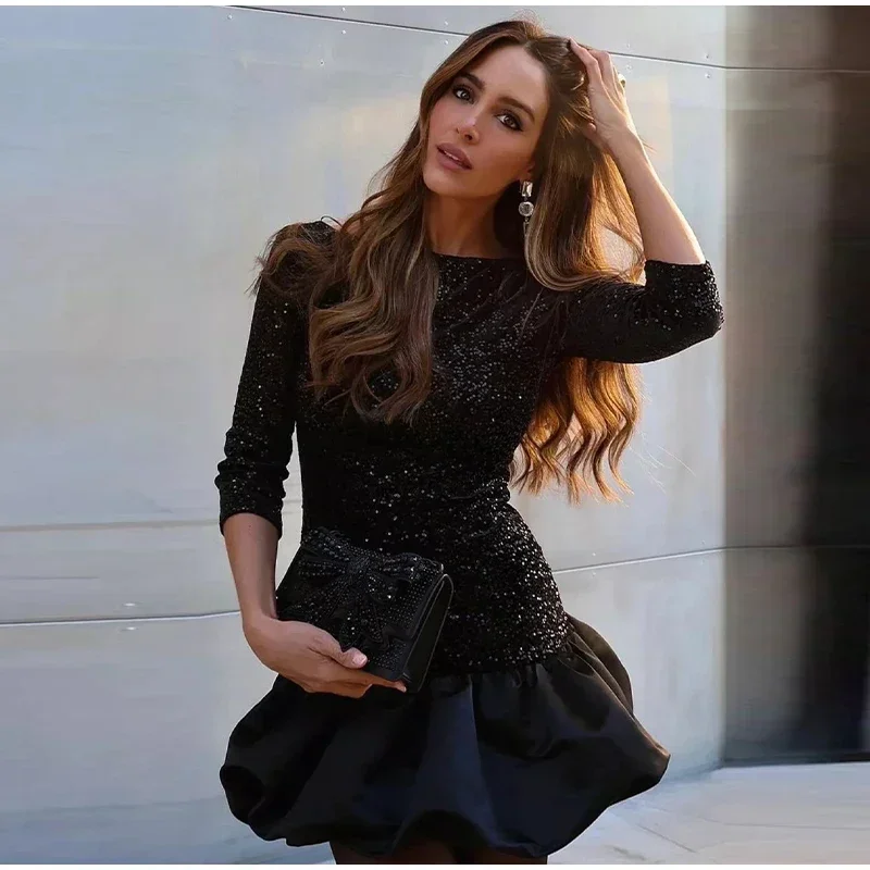 Vestido corto sexy con lentejuelas Y2K y volantes para mujer, elegante, sin espalda, cuello redondo, manga larga, negro, ajustado, para fiesta de otoño