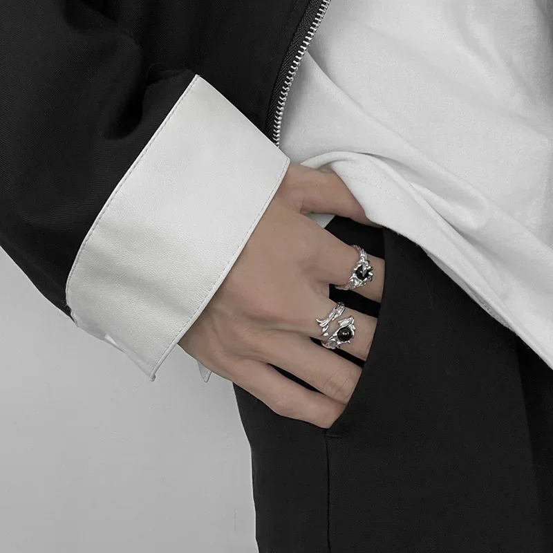 Gothic Irregular Gemstone Ring Aesthetic Girls Adjustable Black Stone Ring Women's Liquid Punk Ring Vintage Jewelry Accessories 2