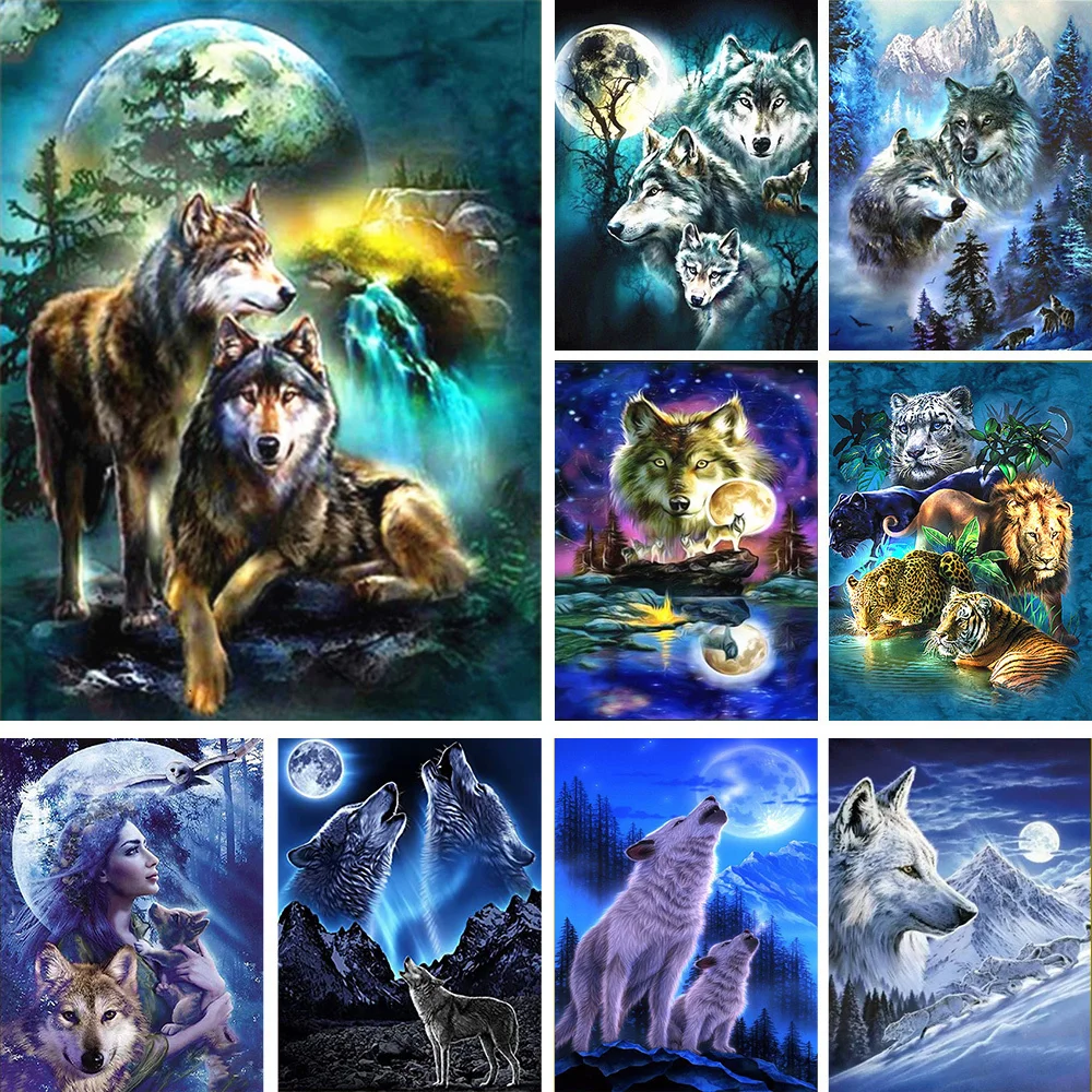 Moon And Wolf DIY Embroidery 11CT Cross Stitch Kits Craft Needlework Set Cotton Thread Printed Canvas Home Decoration