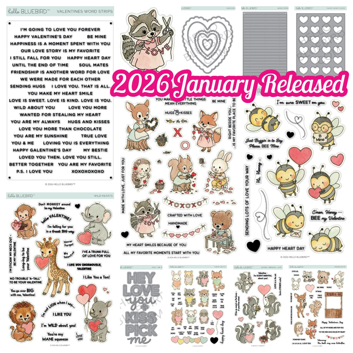 2026년 1월 신제품 헬로 블루버드 다이컷 발렌타인 워드 스트립 스탬프 사랑의..