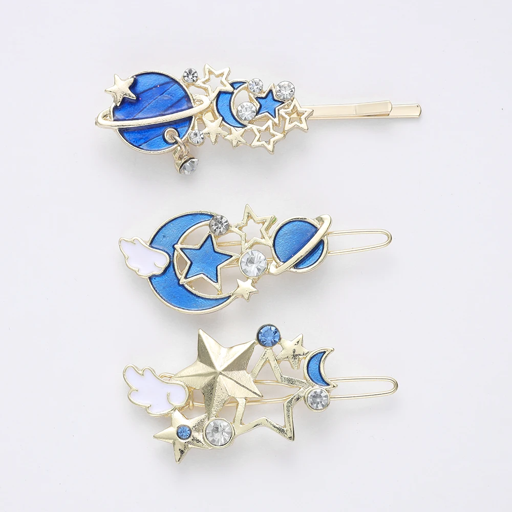 

Beautiful starry sky sweet student girl hairpin bangs hair accessories set cute stars moon dream wings rhinestone clip 3pcs loli