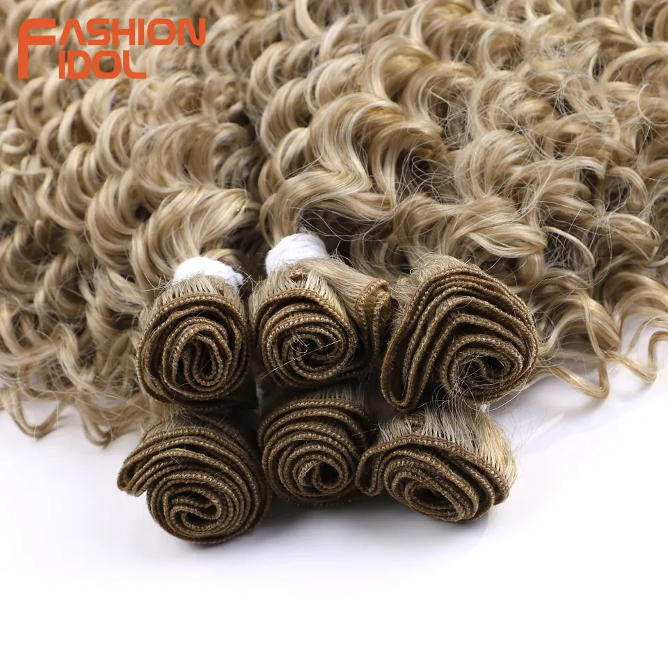 FASHION IDOL Deep Wave Hair Weave Ombre Brown Color Synthetic Hair Extensions 6pcs 22 24 26 inch Afro Kinky Curly Hair Bundles 5