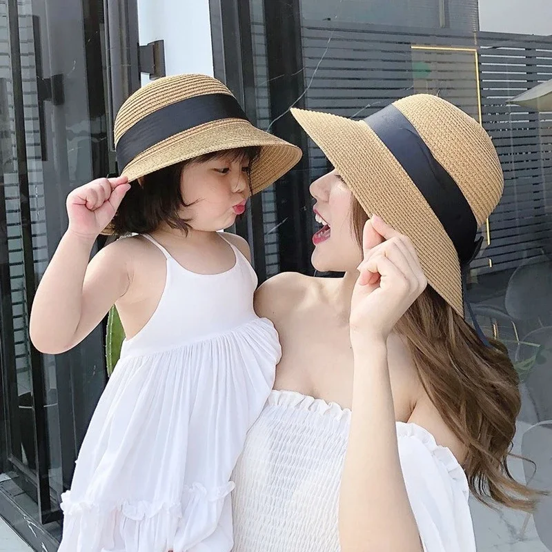 2pcs Summer Sun Protection Hat for Mother&Kids Travel Sunscreen Sun Hat Straw Hat Children's Korean Version Girls Beach Dome Hat