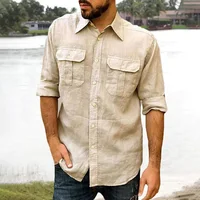 Chemise en coton et lin pour hommes, manches longues, couleur unie, hauts décontractés, revers, Double poche, chemise classique, vêtements tendance pour hommes 1