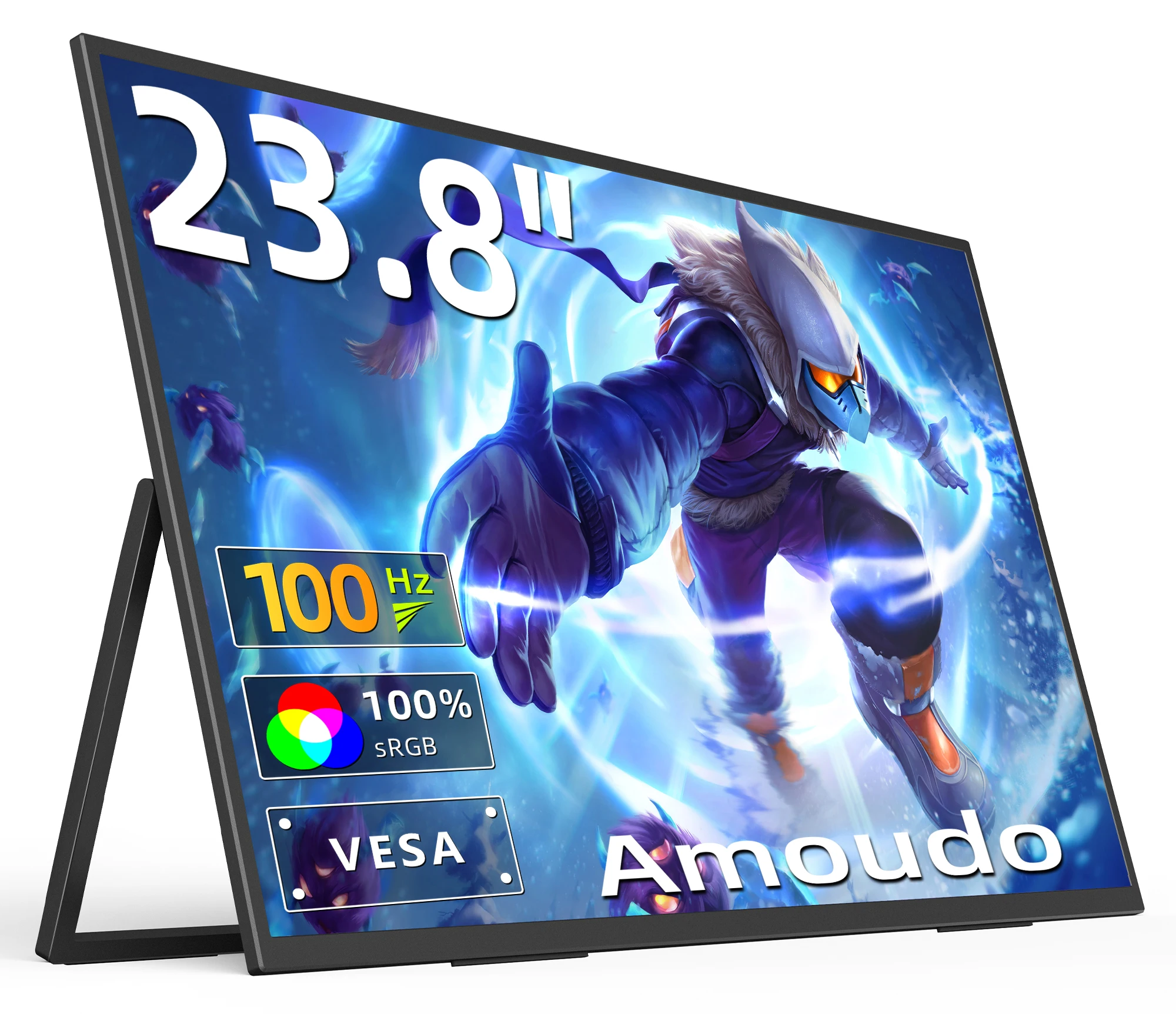 Monitor Portátil Amoudo de 23.8 Polegadas 1080P 100HZ com Suporte VESA, Tela Grande, Suporte de Mesa, IPS, Expansão de Display para PC e Laptop