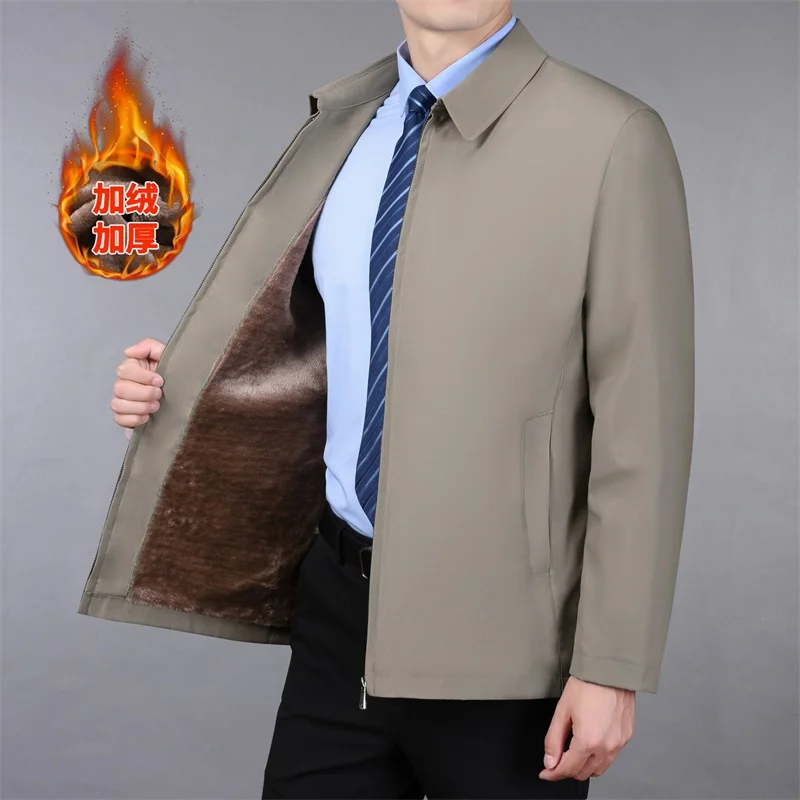Men's Business Jacket Parkas Lapel Jacket Zipper Pockets Autumn Winter for Mid-aged Men