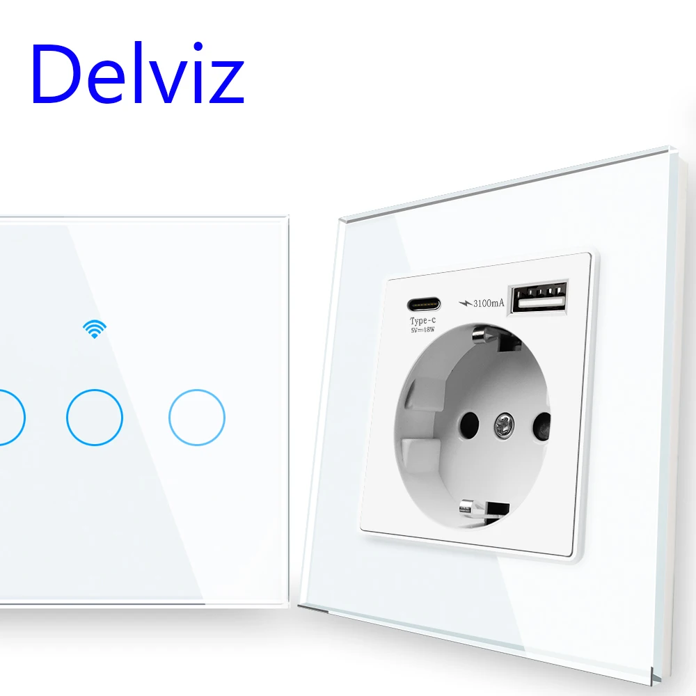 Delviz tipo c Usb Tomada de Energia Carga Rápida Portas Usb Painel de Vidro Cristal Padrão da ue 16a Tomada Wifi Interruptor de Luz de Parede Inteligente