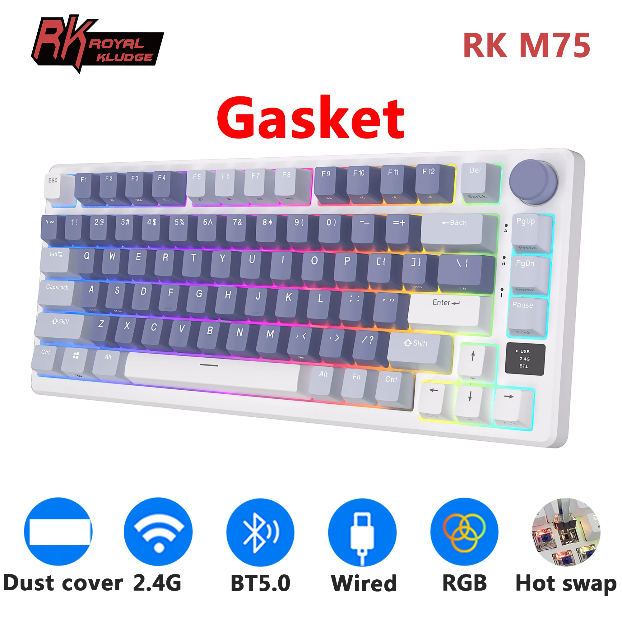 M75 RK ROYAL KLUDGE 2.4G Wireless/Bluetooth/USB-C Mechanical Keyboard 81Keys RGB Hot-Swappable Gasket Gamer Keyboard with Screen
