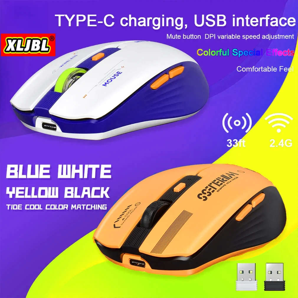 

XLJBL Ergonomic Rechargeable Gaming Mouse USB 2.4G Wireless RGB Light Desktop PC Computer Notebook Laptop Mice Sound Mute Mouse