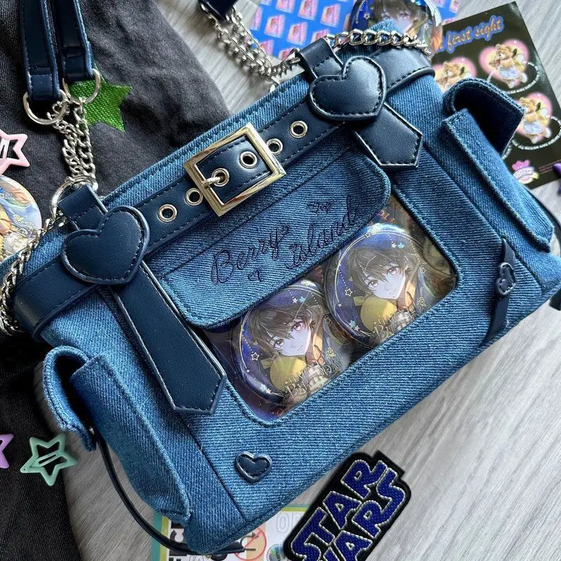Japanese Denim Transparent Pocket Chain Lolita Women Shoulder Crossbody Bag Cute All Match Handbag Itabag Designer Bag