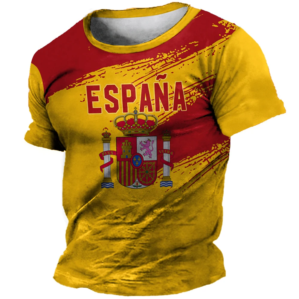 thumbnail image 1 of Camiseta de verano de España para hombre, con emblema nacional de España, estampado 3D, cuello redondo, holgada, ropa de gran tamaño para hombre, 1 of 5