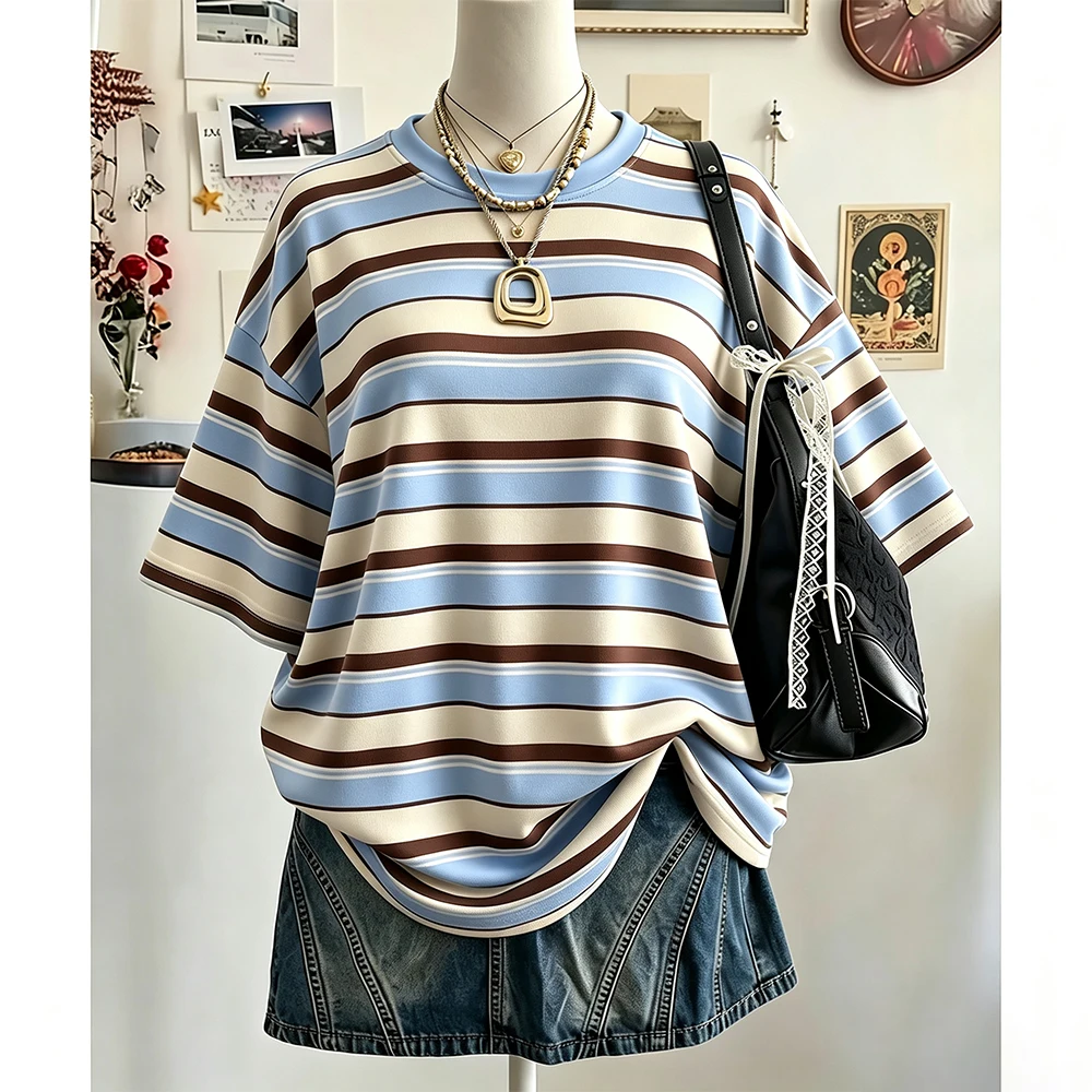 Sommer Neu Y2K Gestreiftes 3D-Druck Casual Oversized Mid-Length Rundhals-Shirt mit überschnittenen Schultern für Damen – Street Fashion Freizeit Sport Top ﻿