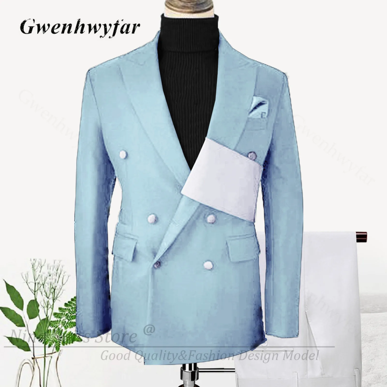 G&N Handmade Royal Blue Men Suits with White Sash Wedding Tuxedo for Groosmen Best Man Costume Homme Jacket Pants Set