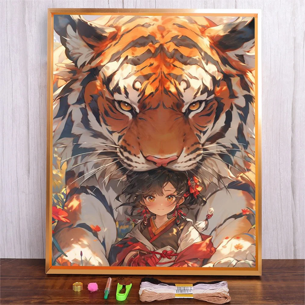 11CT/14CT Needlework Cross Stitch Pack DIY Kit Cartoon Tiger Hand Embroidery Home Decoration Animal Prints Fashion Embroidered