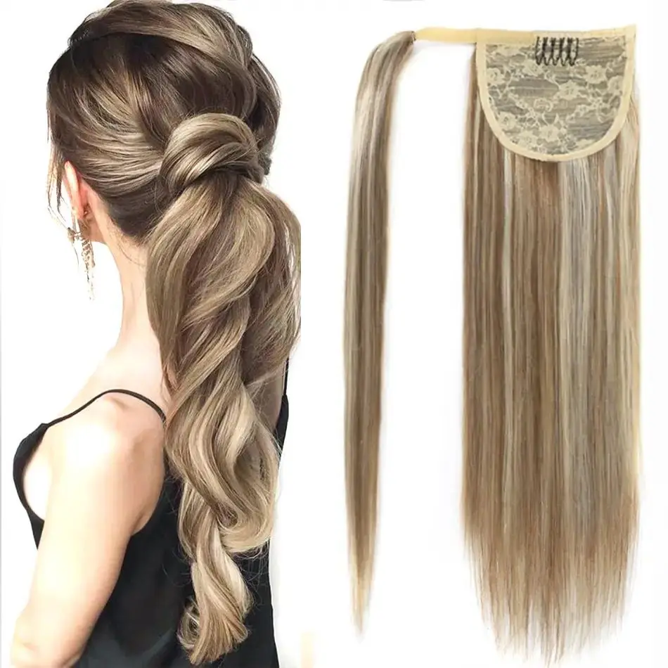 

Real Beauty Human Hair Ponytail Extensions Highlight Brown Honey Blonde Wrap Around Ponytail Clip in Hair Pieces Brazilian Remy