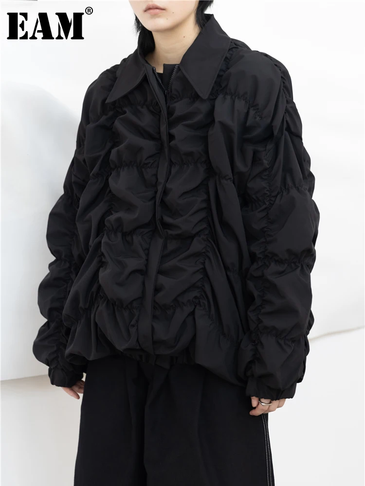 

[EAM] Loose Fit Black Pleated Big Size Causal Jacket New Lapel Long Sleeve Women Coat Fashion Tide Spring Autumn 2024 1DH0115