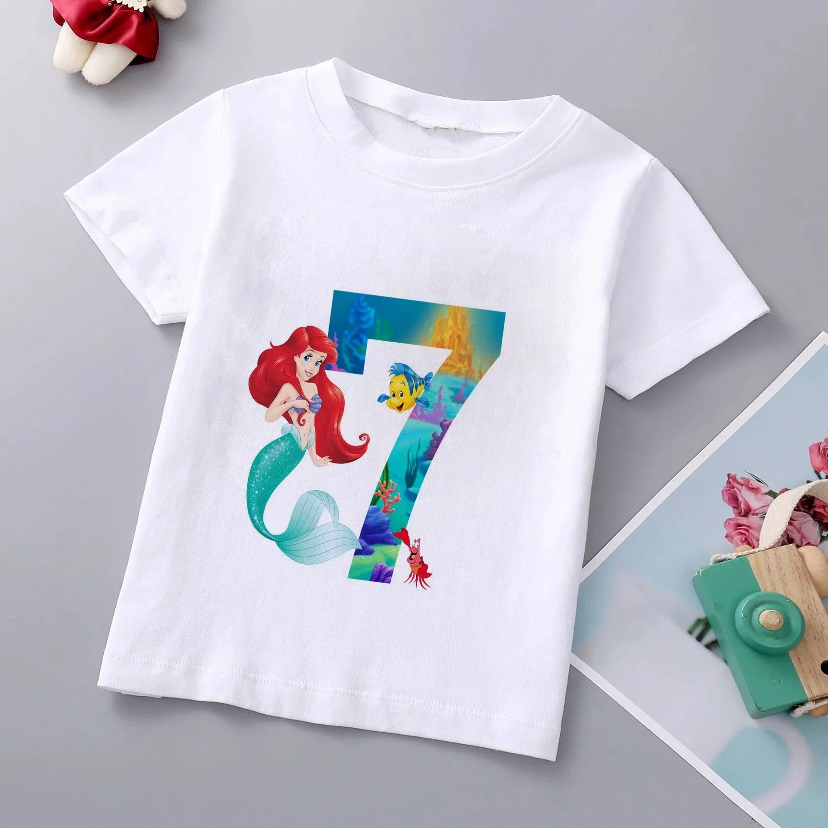 thumbnail image 1 of Camiseta de algodón con estampado de princesa sirena de Disney para niñas, ropa para bebés de princesa Ariel, top de dibujos animados para niños de 1 a 9 años, cumpleaños para niños, 1 of 5