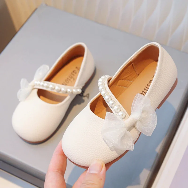 

New Girl Princess Leather Shoes Chic Versatile Soft Elegant Fashion Lace Bowknot Beading Kid Loafers Wedding Slip-on Mary Janes